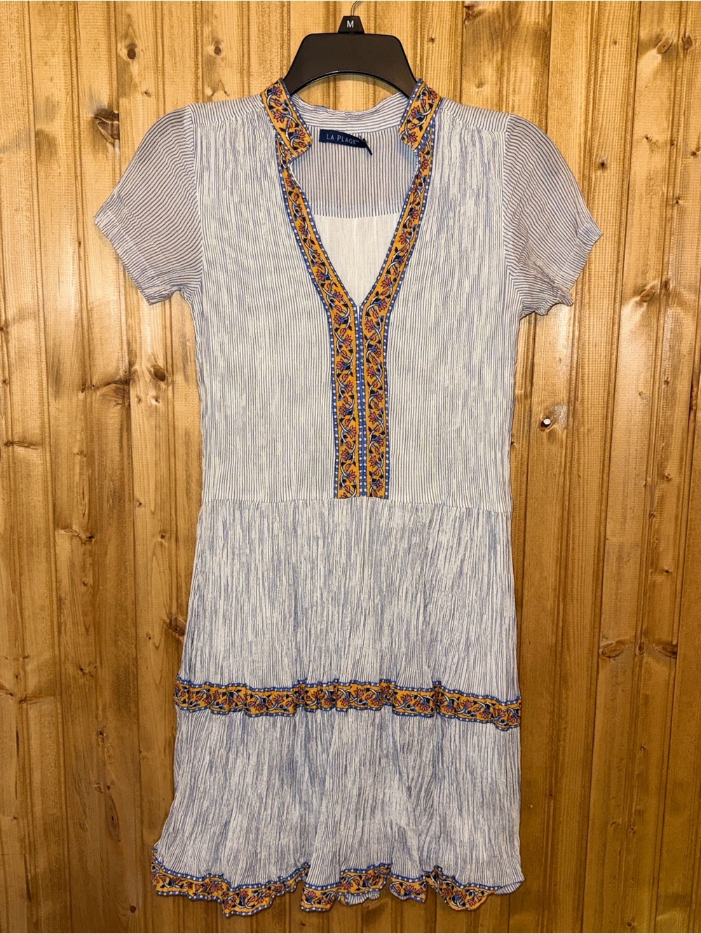 La Plage Dress XS Blue White Stripe Crinkle Cotton Block Print Trim Resort Boho